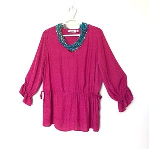 Silky Pink Blouse ~ V neck, 3/4 sleeve, tone on tone pattern, gorgeous color 01